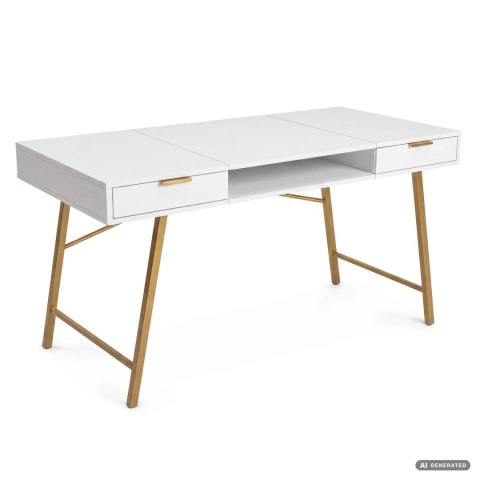 Biurko industrialne komputerowe Białe ARDEN 120 cm 2 szuflady 1 półka Złote nogi