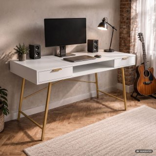 Biurko industrialne komputerowe Białe ARDEN 120 cm 2 szuflady 1 półka Złote nogi