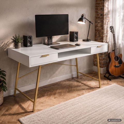 Biurko industrialne komputerowe Białe ARDEN 120 cm 2 szuflady 1 półka Złote nogi
