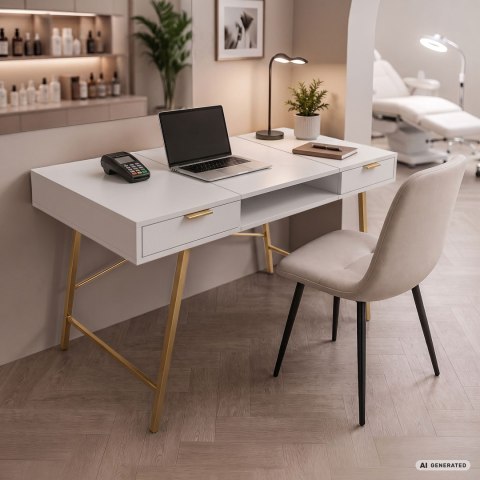 Biurko industrialne komputerowe Białe ARDEN 120 cm 2 szuflady 1 półka Złote nogi