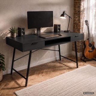 Biurko industrialne komputerowe Czarne ARDEN 120 cm 2 szuflady 1 półka Czarne nogi