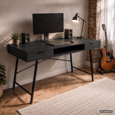 Biurko industrialne komputerowe Czarne ARDEN 120 cm 2 szuflady 1 półka Czarne nogi