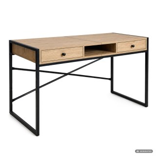 Biurko industrialne komputerowe Dąb Artisan ELONIS 123 cm 2 szuflady 1 półka Czarne nogi