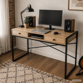 Biurko industrialne komputerowe Dąb Artisan ELONIS 123 cm 2 szuflady 1 półka Czarne nogi