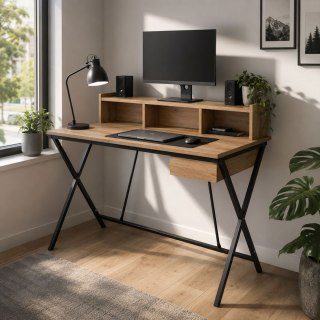 Biurko industrialne komputerowe Dąb Artisan FLEXO 100 cm 1 szuflada 1 półka Czarne nogi