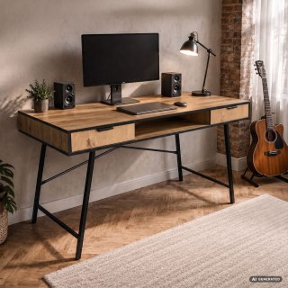 Biurko industrialne komputerowe Dąb Craft ARDEN 120 cm 2 szuflady 1 półka Czarne nogi