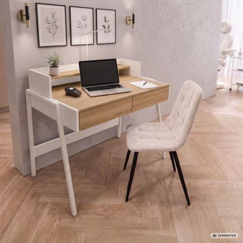 Biurko industrialne komputerowe Dąb Sonoma FLUX 78 cm 2 szuflady 1 półka Białe nogi