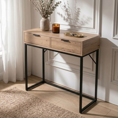 Konsola stolik loftowy ELANO 2 szuflady 80 cm Dąb Artisan Czarne nogi