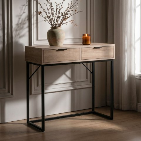 Konsola stolik loftowy ELANO 2 szuflady 80 cm Dąb Sonoma Czarne nogi