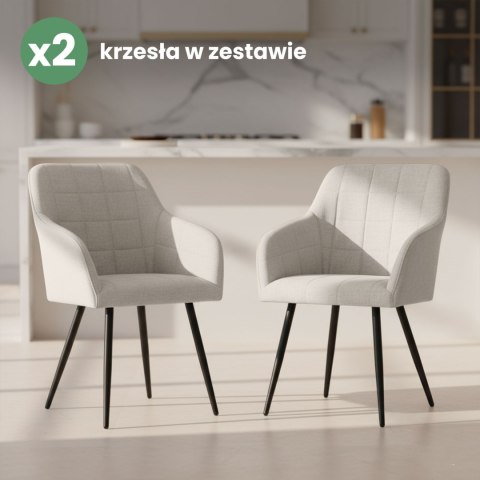 2x Krzesło tapicerowane z przeszyciami kwadratowymi Kremowe LUXANO Czarne nogi tkanina Lumos