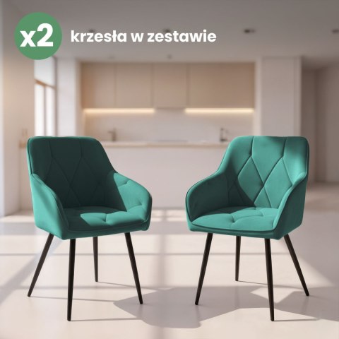 2x Welurowe krzesło tapicerowane pikowane Butelkowa Zieleń DIAMANTE Czarne nogi