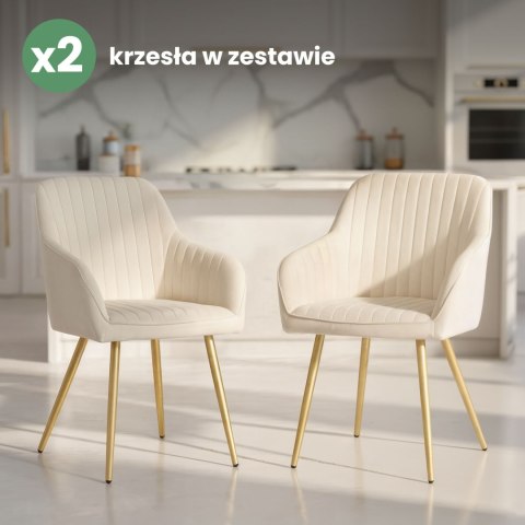 2x Welurowe krzesło tapicerowane z przeszyciami Kremowe FLORENCE Złote nogi
