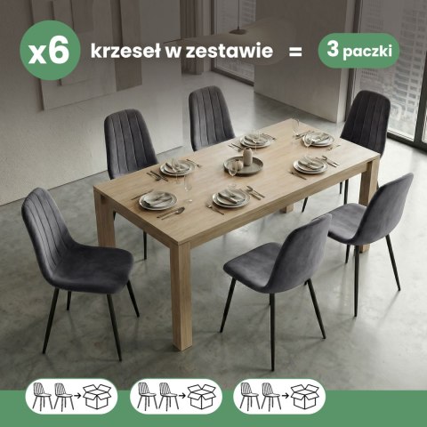 6x Welurowe krzesło tapicerowane pikowane Ciemny Grafit LUMO Czarne nogi