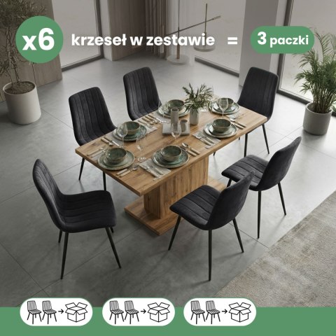 6x Welurowe krzesło tapicerowane pikowane Czarne LIVO Czarne nogi