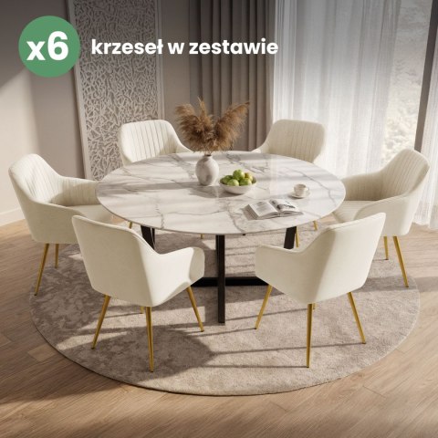6x Welurowe krzesło tapicerowane z przeszyciami Kremowe FLORENCE Złote nogi