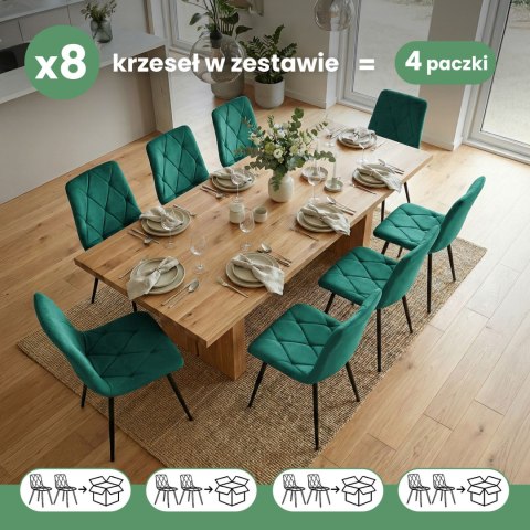 8x Welurowe krzesło tapicerowane pikowane Butelkowa Zieleń MILO Czarne nogi