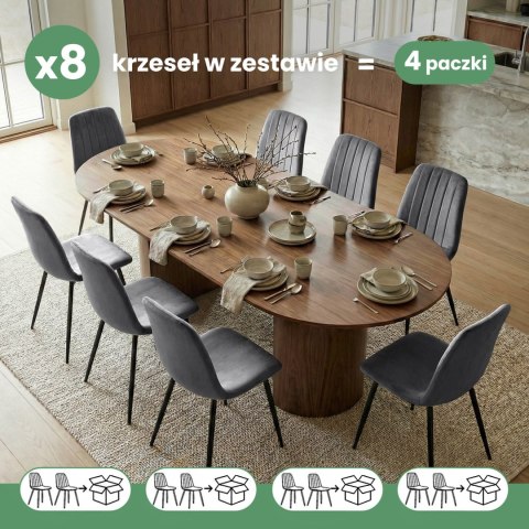 8x Welurowe krzesło tapicerowane pikowane Ciemny Grafit LUMO Czarne nogi