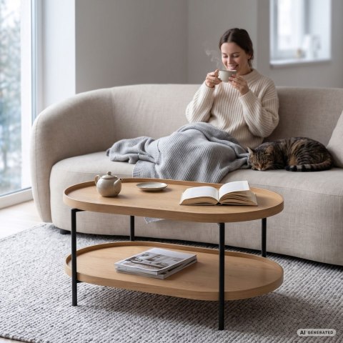 Stolik kawowy loftowy CORTADO 90 cm owalny z półką naturalne drewno czarne nogi