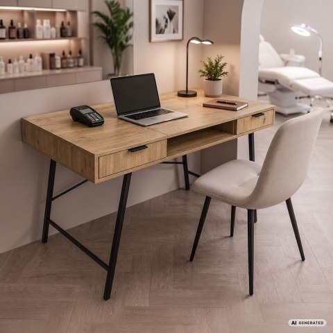Biurko industrialne komputerowe Dąb Artisan ARDEN 120 cm 2 szuflady 1 półka Czarne nogi