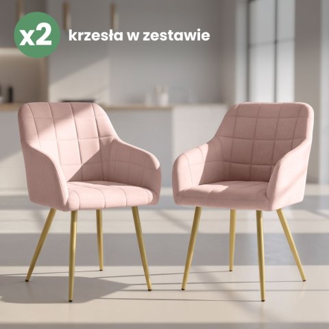 2x Krzesło tapicerowane z przeszyciami kwadratowymi Pudrowy Róż LUXANO Złote nogi