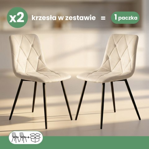 2x Welurowe krzesło tapicerowane pikowane Beżowe MILO Czarne nogi