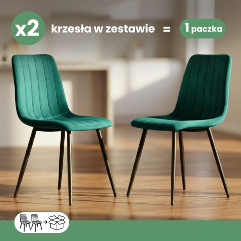 2x Welurowe krzesło tapicerowane pikowane Butelkowa Zieleń LIVO Czarne nogi