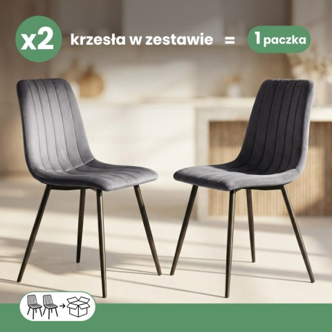 2x Welurowe krzesło tapicerowane pikowane Ciemny Grafit LIVO Czarne nogi