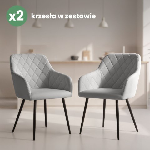 2x Welurowe krzesło tapicerowane pikowane w romby Szare VELTO Czarne nogi