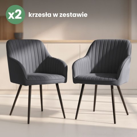 2x Welurowe krzesło tapicerowane z przeszyciami Ciemny Grafit FLORENCE Czarne nogi