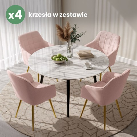 4x Krzesło tapicerowane z przeszyciami kwadratowymi Pudrowy Róż LUXANO Złote nogi