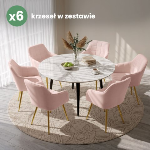 6x Krzesło tapicerowane z przeszyciami kwadratowymi Pudrowy Róż LUXANO Złote nogi