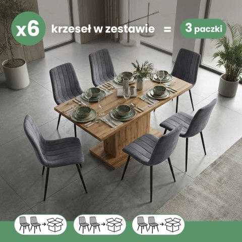 6x Welurowe krzesło tapicerowane pikowane Ciemny Grafit LIVO Czarne nogi