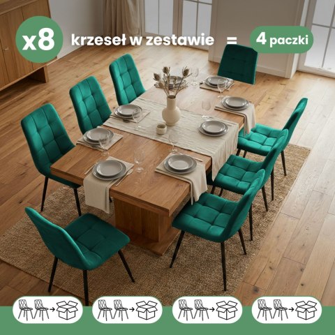 8x Welurowe krzesło tapicerowane pikowane Butelkowa Zieleń NERO Czarne nogi