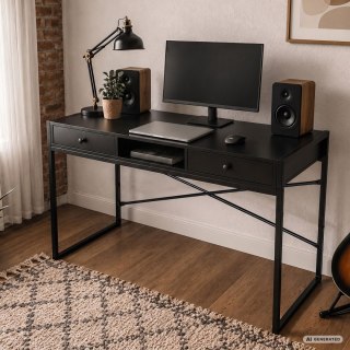 Biurko industrialne komputerowe Czarne ELONIS 123 cm 2 szuflady 1 półka Czarne nogi