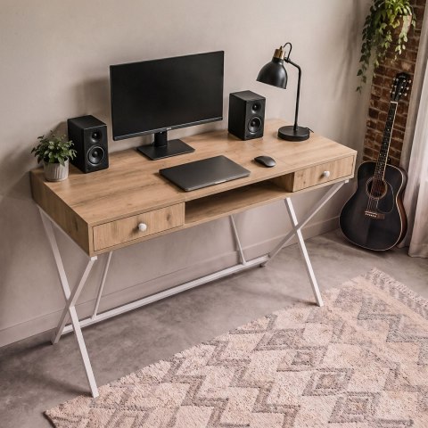 Biurko industrialne komputerowe Dąb Artisan CROSSLINE 120 cm 2 szuflady 1 półka Białe nogi