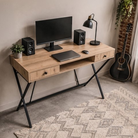 Biurko industrialne komputerowe Dąb Artisan CROSSLINE 120 cm 2 szuflady 1 półka Czarne nogi
