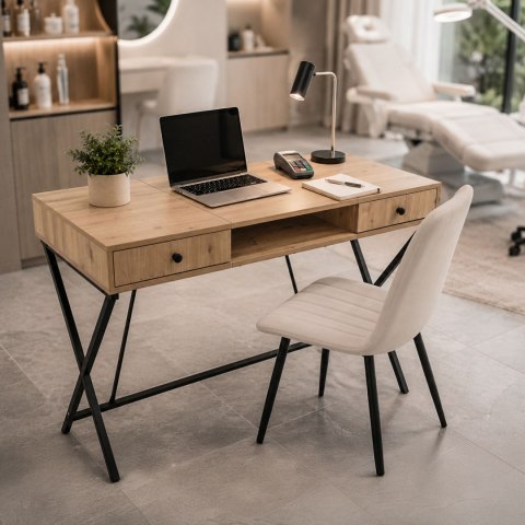 Biurko industrialne komputerowe Dąb Artisan CROSSLINE 120 cm 2 szuflady 1 półka Czarne nogi