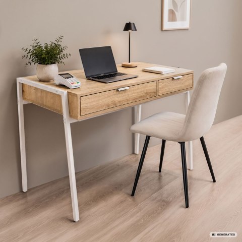 Biurko industrialne komputerowe Dąb Artisan ZENTIA 100 cm 2 szuflady Białe nogi