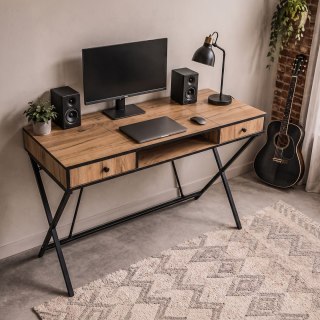 Biurko industrialne komputerowe Dąb Craft CROSSLINE 120 cm 2 szuflady 1 półka Czarne nogi