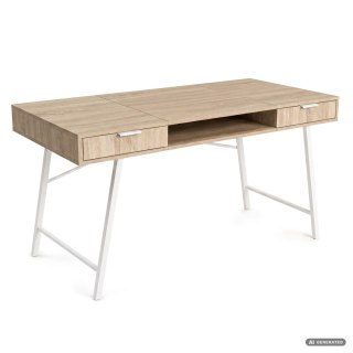 Biurko industrialne komputerowe Dąb Sonoma ARDEN 120 cm 2 szuflady 1 półka Białe nogi