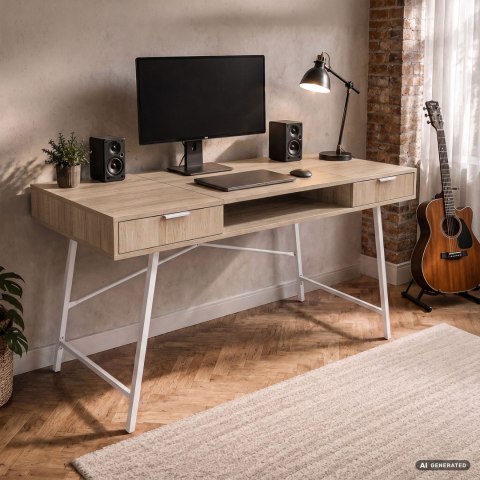 Biurko industrialne komputerowe Dąb Sonoma ARDEN 120 cm 2 szuflady 1 półka Białe nogi