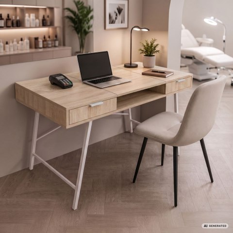 Biurko industrialne komputerowe Dąb Sonoma ARDEN 120 cm 2 szuflady 1 półka Białe nogi
