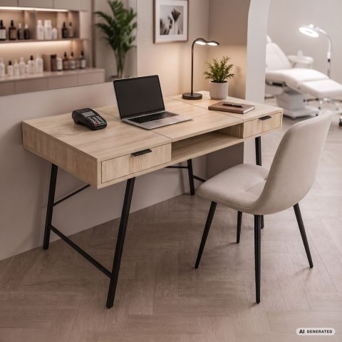 Biurko industrialne komputerowe Dąb Sonoma ARDEN 120 cm 2 szuflady 1 półka Czarne nogi