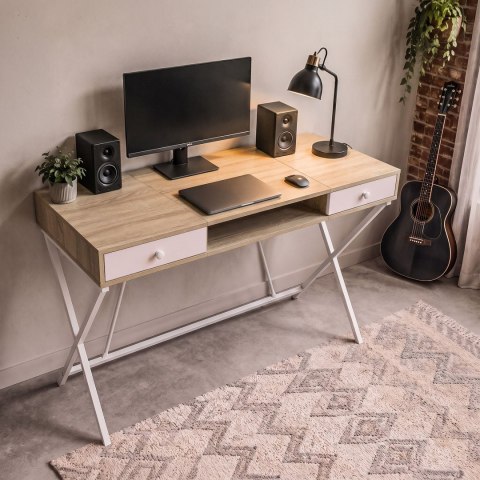 Biurko industrialne komputerowe Dąb Sonoma CROSSLINE 120 cm 2 szuflady 1 półka Białe nogi