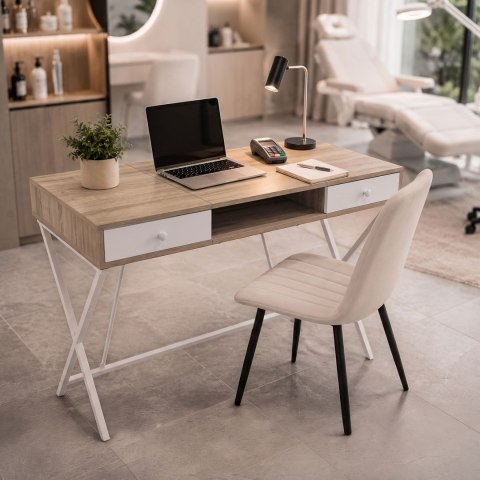 Biurko industrialne komputerowe Dąb Sonoma CROSSLINE 120 cm 2 szuflady 1 półka Białe nogi