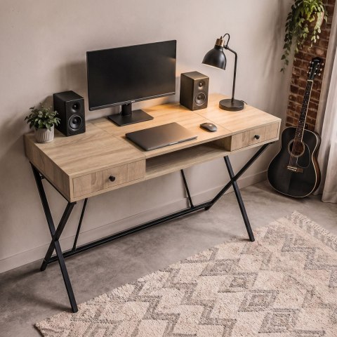 Biurko industrialne komputerowe Dąb Sonoma CROSSLINE 120 cm 2 szuflady 1 półka Czarne nogi