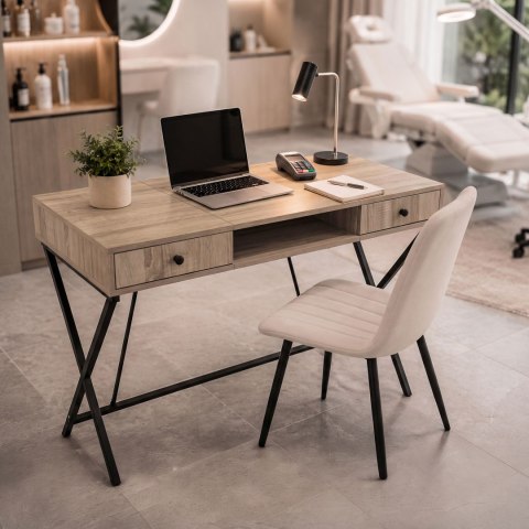 Biurko industrialne komputerowe Dąb Sonoma CROSSLINE 120 cm 2 szuflady 1 półka Czarne nogi