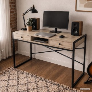 Biurko industrialne komputerowe Dąb Sonoma ELONIS 123 cm 2 szuflady 1 półka Czarne nogi