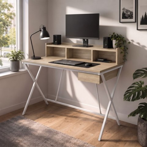 Biurko industrialne komputerowe Dąb Sonoma FLEXO 100 cm 1 szuflada 1 półka Białe nogi