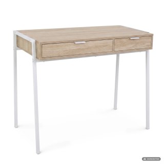 Biurko industrialne komputerowe Dąb Sonoma ZENTIA 100 cm 2 szuflady Białe nogi